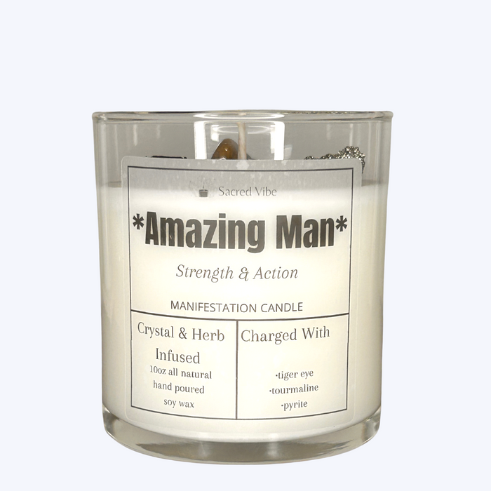 AMAZING MAN, STRENGTH & ACTION, MASCULINE MAN, CRYSTAL INTENTION AND MANIFESTATION CANDLE FOR MEN