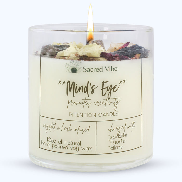 MIND’S EYE- IMAGINATION AND CREATIVITY, THIRD EYE, INTUITION, CRYSTAL INTENTION AND MANIFESTATION CANDLE