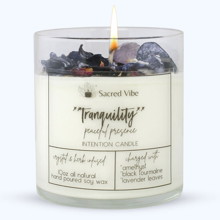 TRANQUILITY -AMETHYST, PEACEFUL PRESENCE, CALMING, STRESS RELIEF CRYSTAL INTENTION AND MANIFESTATION CANDLE