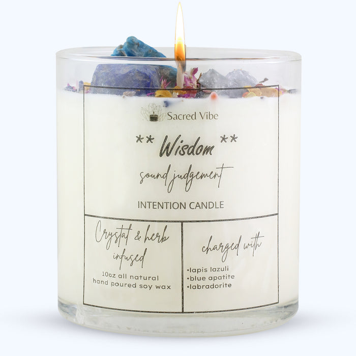 WISDOM -SOUND JUDGEMENT, CLARITY, DISCERNMENT, SPIRITUAL GROWTH, CRYSTAL INTENTION AND MANIFESTATION CANDLE