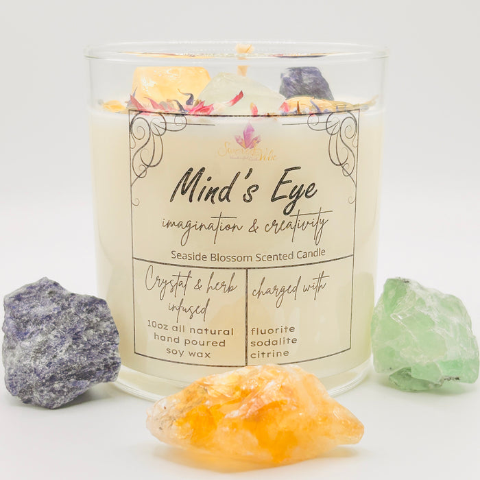 MIND’S EYE- IMAGINATION AND CREATIVITY, THIRD EYE, INTUITION, CRYSTAL INTENTION AND MANIFESTATION CANDLE