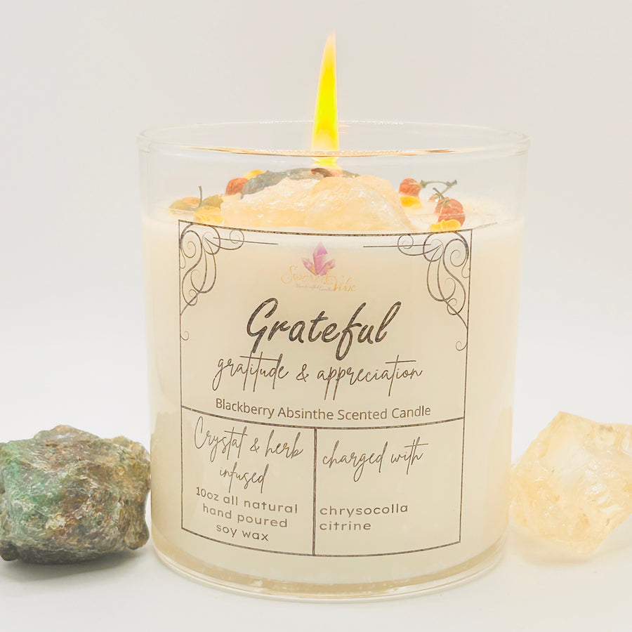 GRATEFUL-GRATITUDE, APPRECIATION, THANKFUL, CRYSTAL INTENTION AND MANIFESTATION CANDLE