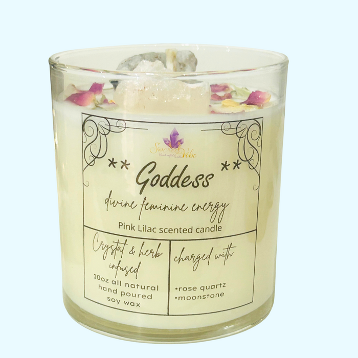 GODDESS- MOONSTONE, DIVINE FEMININE ENERGY, CRYSTAL INTENTION AND MANIFESTATION CANDLE