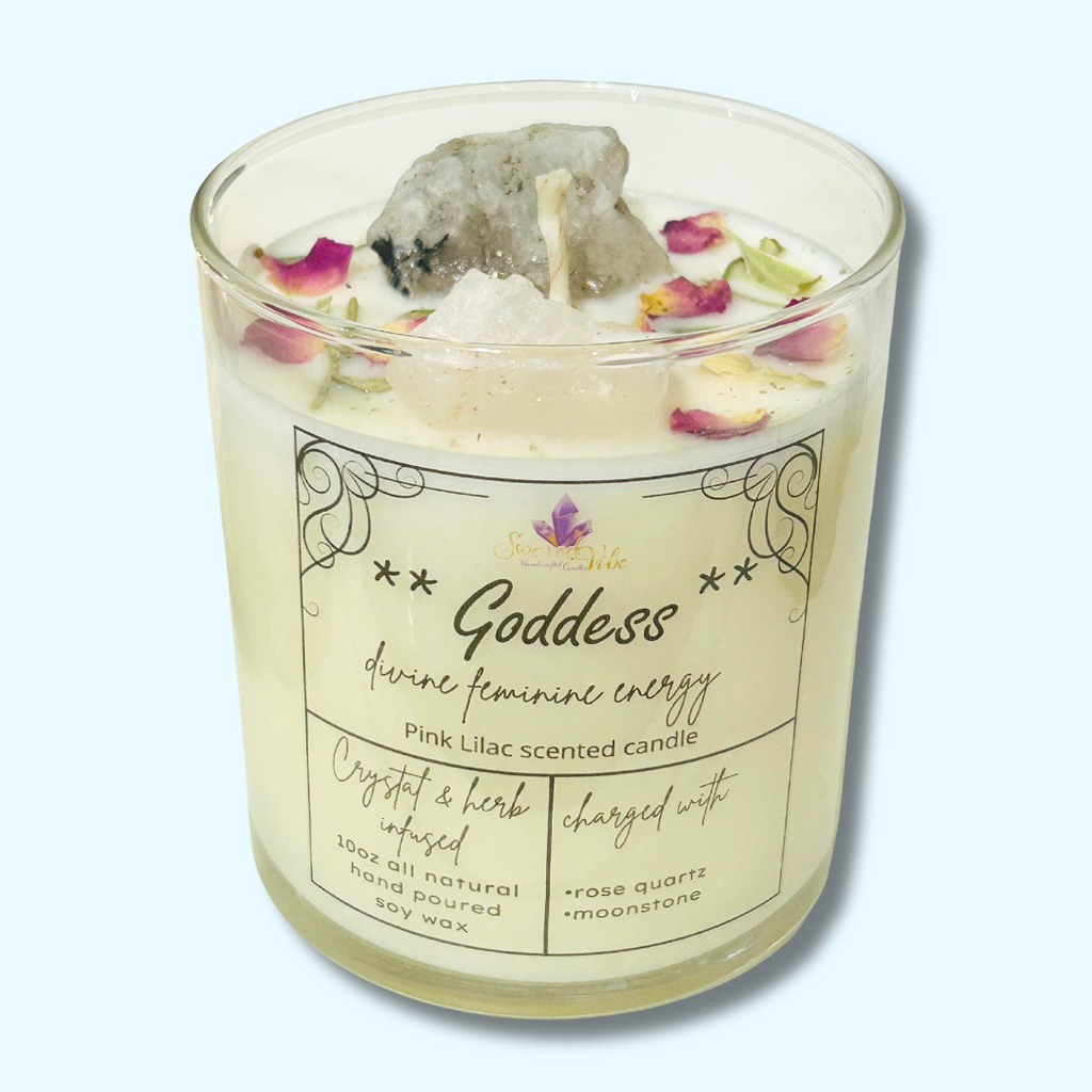 GODDESS- MOONSTONE, DIVINE FEMININE ENERGY, CRYSTAL INTENTION AND MANIFESTATION CANDLE