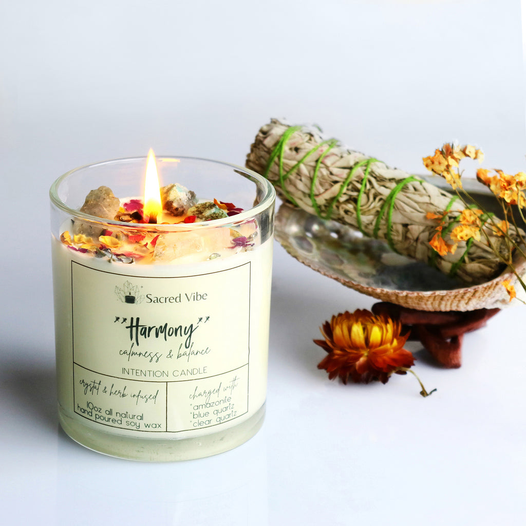 HARMONY - COMMUNICATION, CALMNESS AND BALANCE, PEACEMAKER CRYSTAL INTENTION AND MANIFESTATION CANDLE