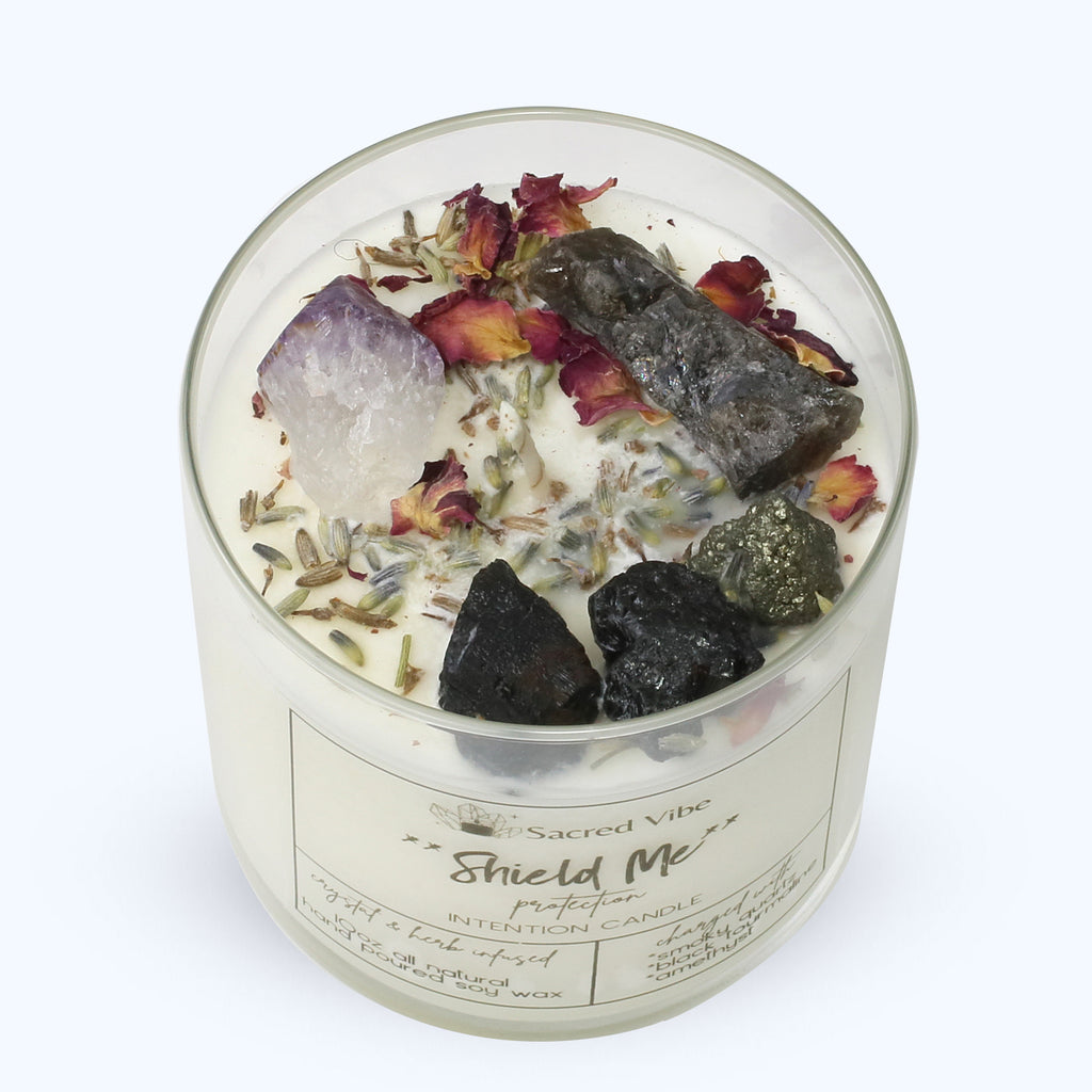 SHIELD ME - SMOKY QUARTZ, ENERGY PROTECTION, PURIFYING, NEGATIVE ENERGY BANISHING, CRYSTAL INTENTION AND MANIFESTATION CANDLE