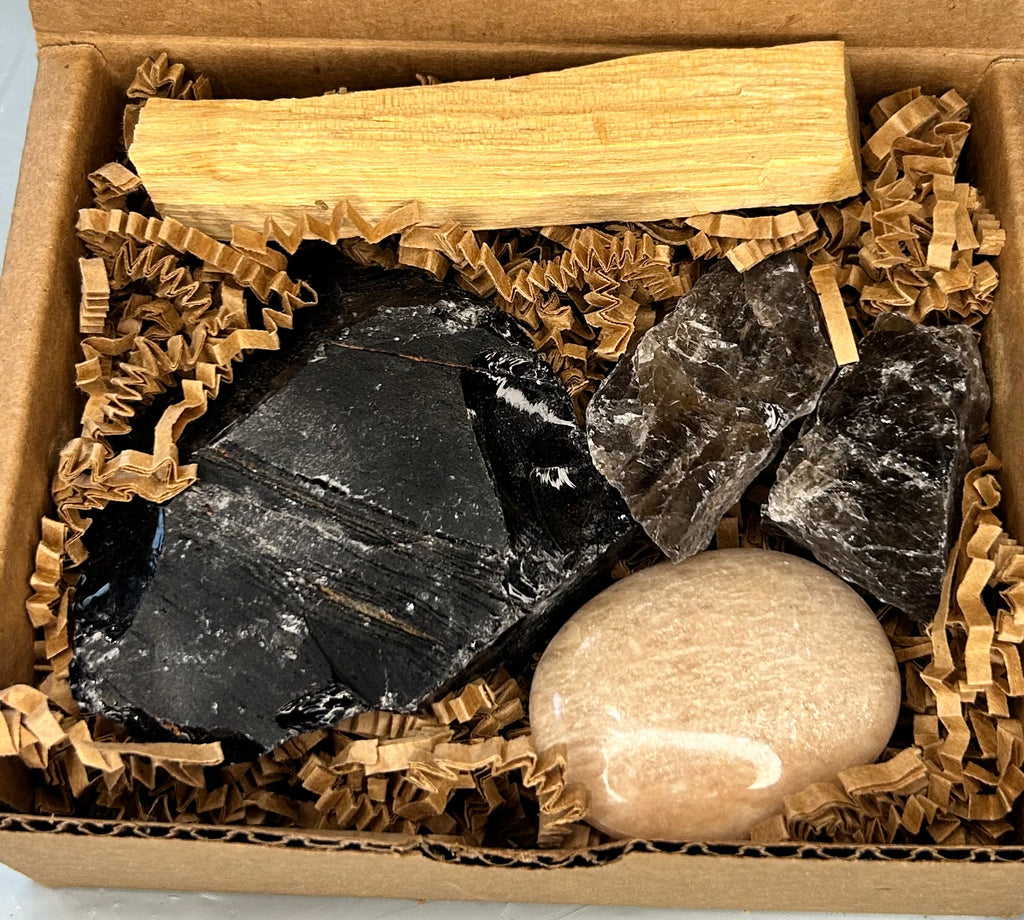 ENERGY PROTECTION- SMOKY QUARTZ, PURIFYING, NEGATIVE-ENERGY BANISHING, CRYSTAL INTENTION AND MANIFESTATION TOOLKIT GIFT BOX