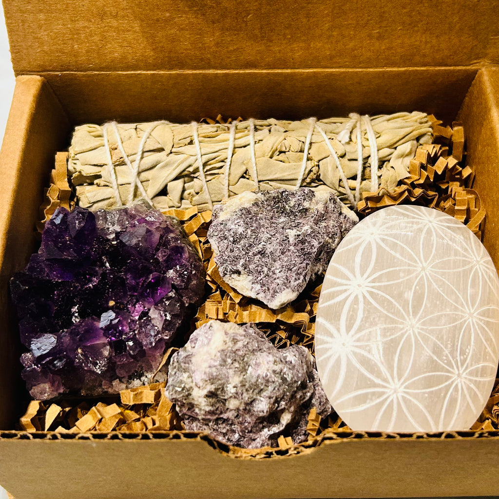 STRESS RELIEF - AMETHYST, PEACEFUL PRESENCE, CALMING, CRYSTAL INTENTION AND MANIFESTATION TOOLKIT GIFT BOX