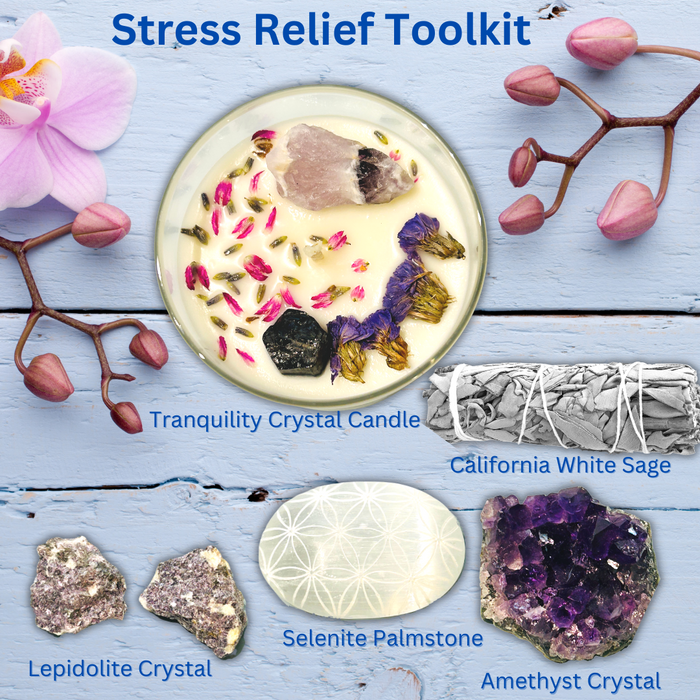 STRESS RELIEF - AMETHYST, PEACEFUL PRESENCE, CALMING, CRYSTAL INTENTION AND MANIFESTATION TOOLKIT GIFT BOX